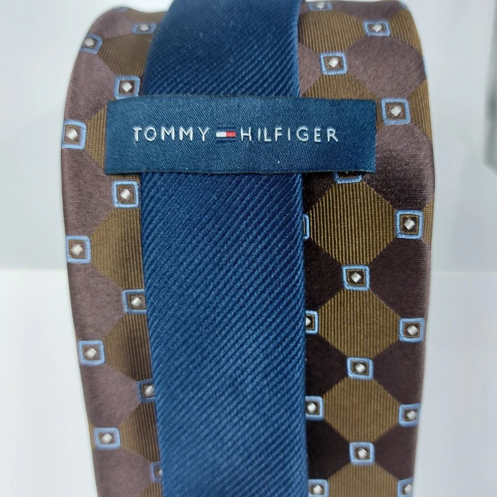 Tommy Hilfiger Necktie‎ Brown Blue Geometric Dot 100% Silk Tie 3.5